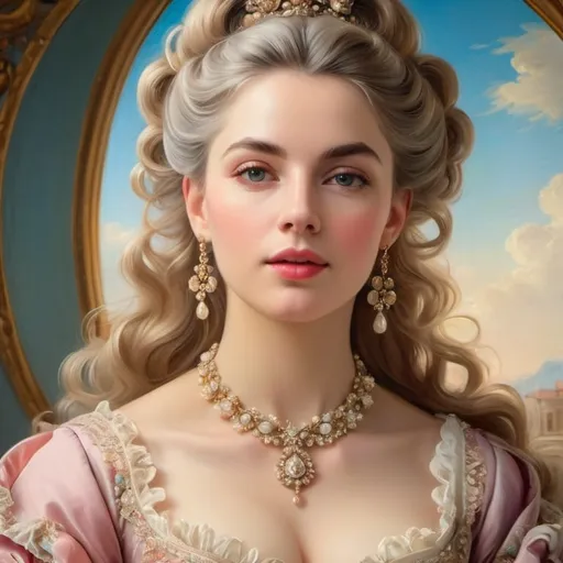 Prompt: Rococo era portrait of a woman, oil painting, luxurious clothing, elaborate hairstyle, ornate jewelry, soft pastel colors, soft and diffused lighting, high quality, detailed brushwork, elegant and refined, opulent setting, intricate lace details, classic beauty, historical art, Rococo style, delicate features, aristocratic charm