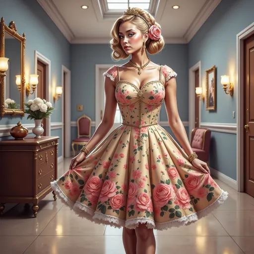 Prompt: a  stylish woman  of the 50's in a dress with roses on it is standing in a hallway with luggage and a suitcase behind her, Edwin Georgi, kitsch movement, fashion photography, a photorealistic painting
