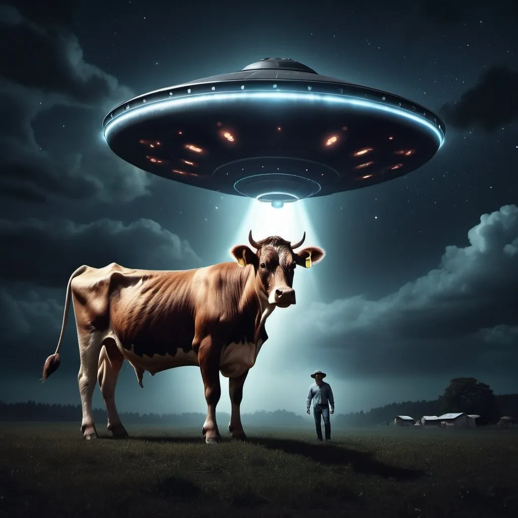 Prompt: UFO abducting cow, surreal digital artwork, dark night sky, dramatic lighting, detailed extraterrestrial craft, terrified cow, high quality, surreal, digital art, dark tones, dramatic lighting, detailed UFO, terrified animal, surreal abduction