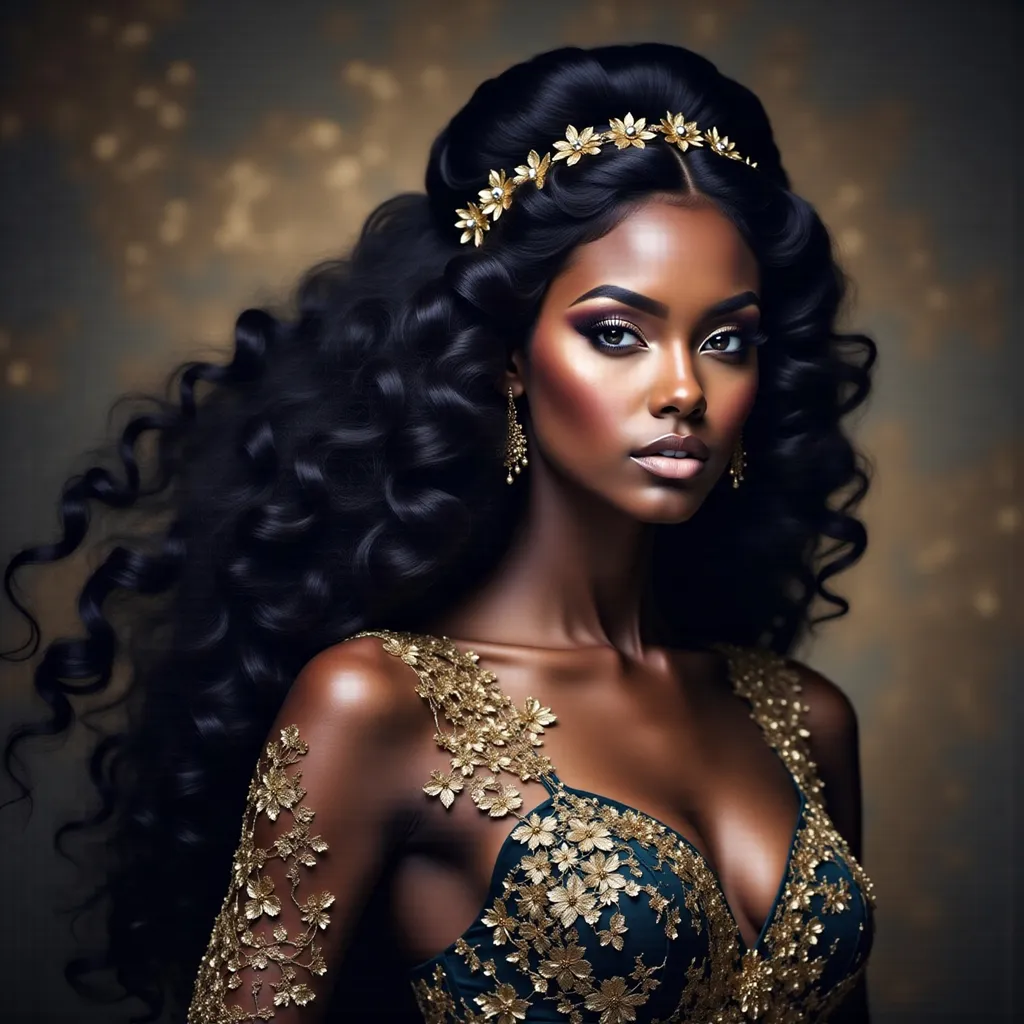 Prompt: a black woman with long hair and a dress with gold swirls on it, standing in front of a dark background, Anna Dittmann, fantasy art, dark fantasy art, a digital rendering