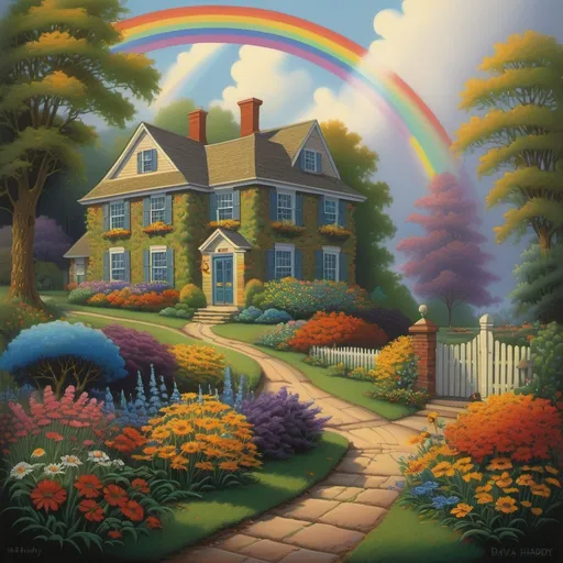 Prompt: a painting of a house with a rainbow in the background and trees and flowers around it, with a pathway leading to the house, David A Hardy, naive art, kinkade, a detailed painting