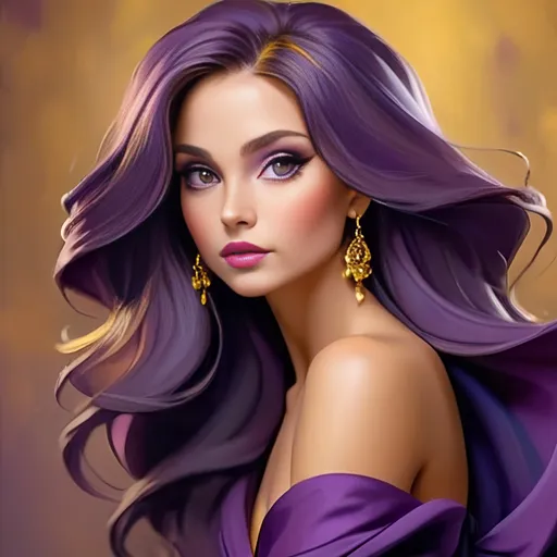Prompt: Elegant lady in colors of purple and gold