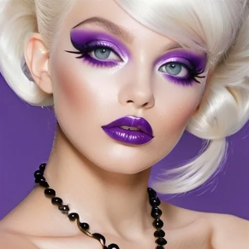Prompt: <mymodel>Hypnotic bimbo  platinum  blonde   gold lips and purple eyeshadow 