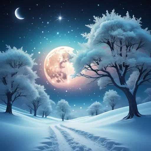 Prompt: (surrealism style), (cool color scheme), beautiful winter night, glittering snow, sparkling snowflakes, vast starry sky, moon fractals, ethereal ambiance, magical glow, dreamlike atmosphere, tranquil and serene, high depth, ultra-detailed, enchanting night scene, mystical landscape, whimsical elements.