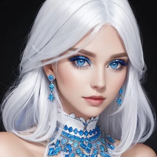 Prompt: A beautiful woman, white hair, blue eyes, blue eyeshadow, blue jewels o