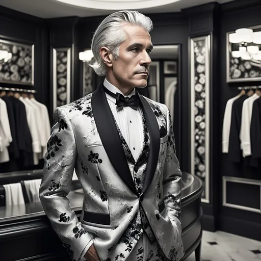 Prompt: A distinguished gentleman stands elegantly in a lavishly appointed dressing room, clad in a striking black-and-white floral tuxedo that radiates sophistication. His silver hair is neatly styled, complementing his confident expression as he gazes thoughtfully into the distance. The background features an array of neatly arranged formal attire, along with decorative wall art that enhances the opulent ambiance. The warm lighting casts soft shadows, highlighting the intricate details of his attire and the luxurious furnishings, which together evoke a sense of timeless glamour and high fashion. The scene conveys an air of refinement, suggesting a narrative of preparation for a grand event or soirée.