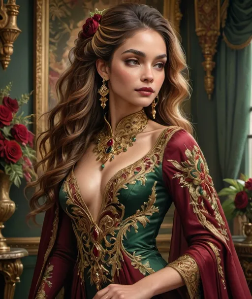 Prompt: Gracefully poised in a lavish room, a striking figure captures the eye, adorned in an opulent gown that melds deep reds and rich greens, complemented by intricate golden embroidery and embellishments. Her flowing hair, styled elegantly, frames a delicate visage, accentuated by statement earrings and a matching floral decoration nestled by her shoulder. The backdrop, featuring lush roses and ornate furnishings, creates a warm, inviting atmosphere highlighted by the soft, natural light streaming through large windows. The overall scene exudes a sense of regal elegance and timeless beauty, transporting the viewer to a world of grandeur.
