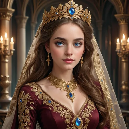 Prompt: With striking blue eyes and an elegant expression, the young woman radiates regal charm, adorned in a luxurious burgundy gown detailed with intricate gold embroidery. Her golden headpiece, accented with jewels, complements the soft, flowing veil that frames her delicate features, enhancing her noble appearance. The setting, likely a grand hall, is illuminated by rich colors and elaborate decor that suggest a historical or fantasy context, evoking a feeling of grace and sophistication. The overall composition draws attention to her serene demeanor, creating an atmosphere that speaks of elegance and timeless beauty. The delicate play of light highlights her flawless skin, conveying both strength and gentleness in her poised demeanor.
