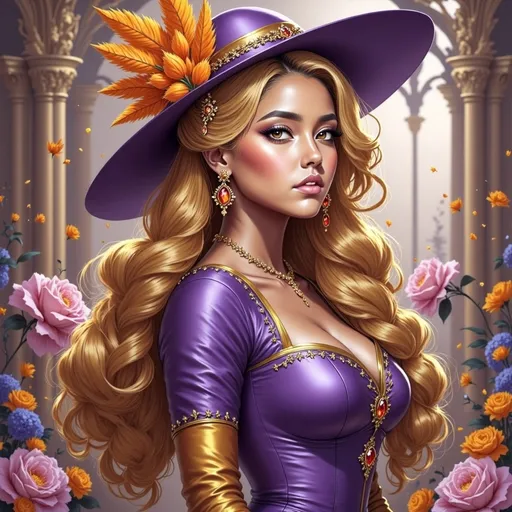 Prompt: <mymodel> a woman in a purple dress and purple hat with orange feathers on her head and a purple hat with orange feathers on her head, Edwin Georgi, fantasy art, highly detailed digital painting, a detailed painting