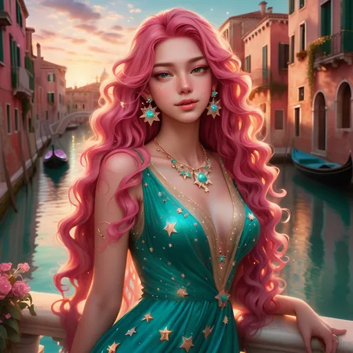 Prompt: Bathed in the warm glow of the setting sun, a stunning young woman stands elegantly by a serene canal, her long, shimmering pink hair cascading in luscious curls around her shoulders. She wears an eye-catching turquoise dress adorned with sparkling stars, paired with dazzling star-shaped earrings and layered necklaces featuring vibrant stones. The backdrop is a picturesque Venetian scene, with pastel-colored buildings lining the waterway, their reflections dancing softly on the canal surface. The atmosphere is dreamy and enchanting, evoking a sense of whimsy and allure, as if she's a captivating figure drawn from a fairy tale.