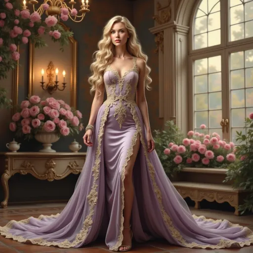 Prompt: A stunning figure graces an opulent interior, adorned in a breathtaking lavender gown that elegantly hugs her silhouette and flows into an elaborate train. The dress features intricate golden embellishments, accentuating her graceful form and highlighting the delicate details of her attire. Her long, flowing hair cascades over her shoulders, framing her serene expression, as she stands poised in front of large, ornate windows that bathe the room in soft natural light. The lavish setting is enhanced by richly decorated walls and abundant floral arrangements, creating a romantic and regal atmosphere filled with elegance and sophistication.