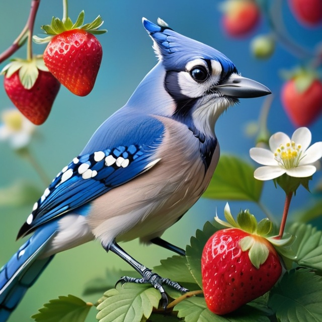 Prompt: a bluejay sitting on a blooming strawberry bush, flowers, blue background