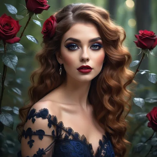 Prompt: A striking beauty exudes elegance, framed by cascading, luxuriously voluminous auburn waves that catch the soft light filtering through a forest backdrop. Her captivating gaze, adorned with sultry makeup and lush eyelashes, complements the dramatic deep red and royal blue roses delicately placed in her hair. Dressed in an off-shoulder black lace gown, her ensemble is further embellished with shimmering jewelry that sparkles against her porcelain skin. The ethereal atmosphere is punctuated by floating petals, adding a whimsical touch, while the filtered sunlight creates a magical ambiance, enhancing the overall sense of allure and mystery in the portrait.