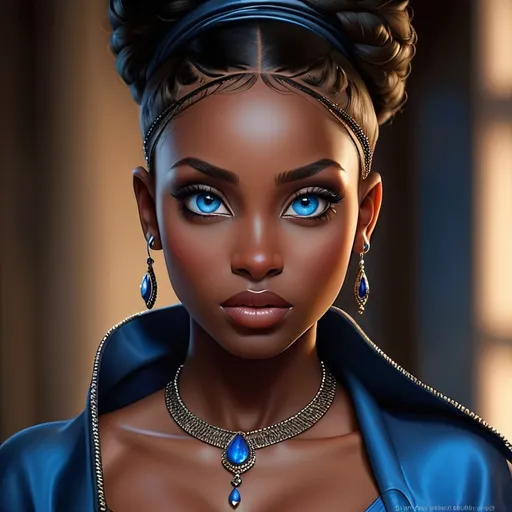 Prompt: Portrait of a black woman with very dark complexion and piercing blue eyes, pretty makeup, realistic painting, detailed features, high quality, realistic, dark skin, striking blue eyes, intense gaze, realistic painting, detailed facial features, professional, realistic lighting, dramatic contrast