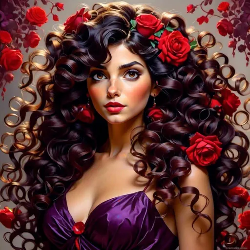 Prompt: <mymodel>Beautiful and Gorgeous woman, purple roses in hair