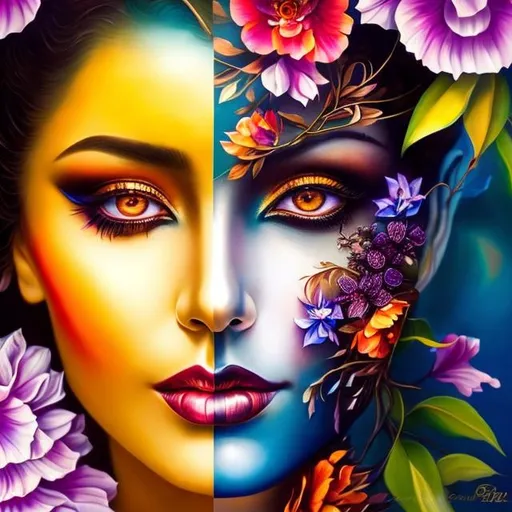 Prompt: Beautiful  hybrid woman with orange flowers sprouting from her, oil painting, detailed fiery eyes, ethereal glow, dark and mysterious, high quality, vibrant colors, surreal, haunting, intricate floral details, intense gaze, mystical atmosphere, oil painting, demon, hybrid, fiery eyes, ethereal, vibrant colors, surreal, haunting, floral details, intense gaze, mystical atmosphere