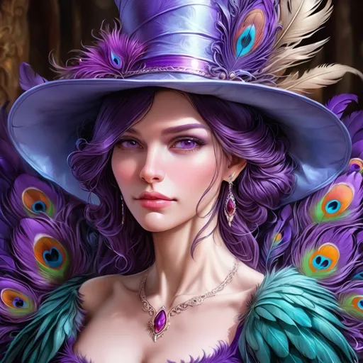 Prompt: a woman wearing a purple hat with feathers on it's head and a purple dress with a purple feathered dress, Anne Stokes, fantasy art, highly detailed digital painting, a detailed painting