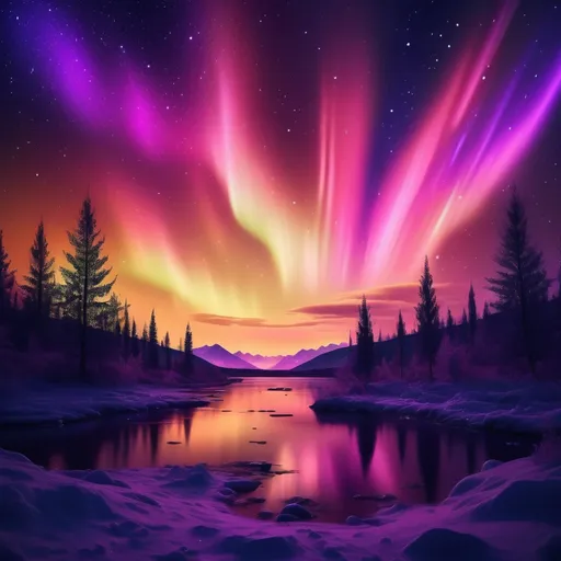 Prompt: (a breathtaking night sky), vibrant aurora borealis in stunning shades of purple, scattered twinkling stars, deep indigo backdrop, magical and serene atmosphere, illuminating soft glow, high-quality 4K resolution, ultra-detailed textures, a sense of wonder and tranquility, cosmic beauty, expansive celestial view.