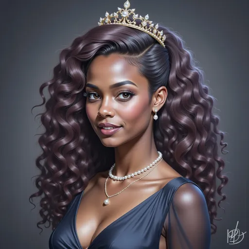 Prompt: a black woman with  long curly and a tiara and a black dress on her head and a black lip and a black dress on her body, Chinwe Chukwuogo-Roy, gothic art, beautiful detailed, a character portrait