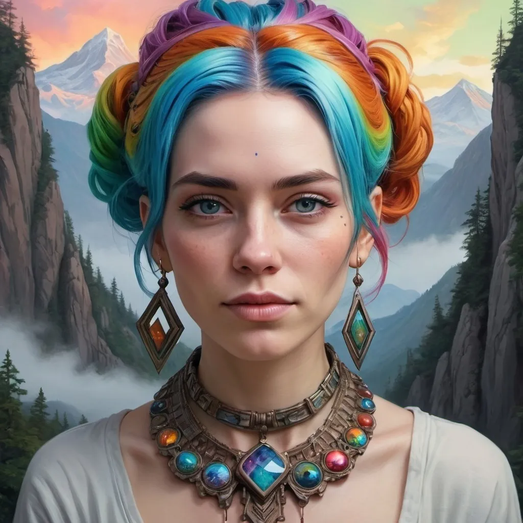 Prompt: a woman with a colorful hair and a necklace on her neck and a painting of a mountain behind her, Android Jones, fantasy art, highly detailed digital painting, a hyperrealistic painting