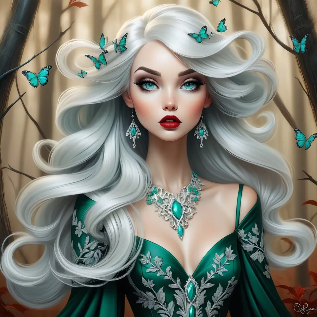 Prompt: The beautiful young lady with blowing platinum hair illustration art by Lori Earley, Daria Endresen, Tristan Eaton. Whimsical forest background, Extremely detailed, intricate, beautiful. 
