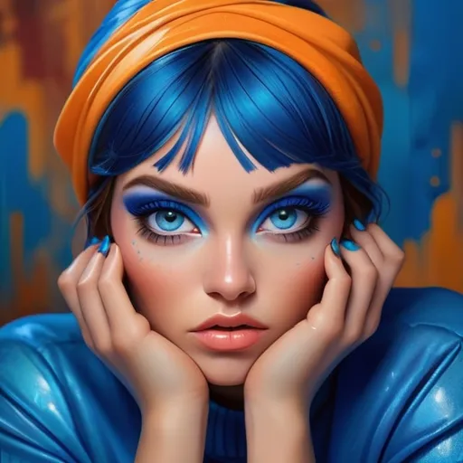 Prompt: Woman with vibrant blue eyeshadow, high-quality portrait, detailed makeup, realistic painting, vibrant colors, glamorous, professional lighting, intense gaze, highres, realistic, detailed, portrait, vibrant blue eyeshadow, glamorous makeup, professional, intense gaze, realistic painting, vibrant colors, realistic lighting