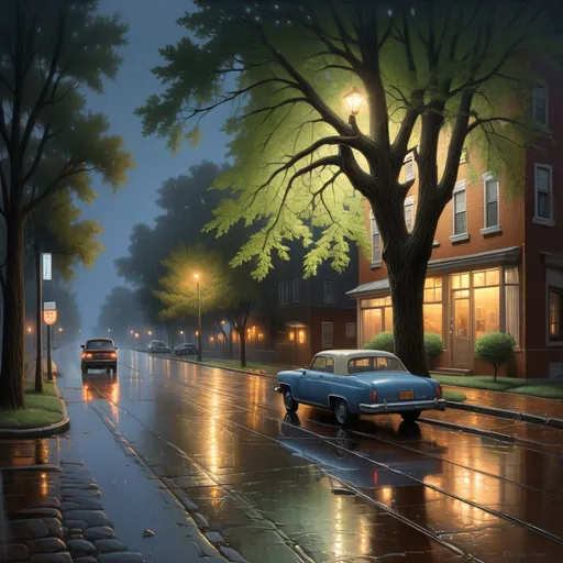 Prompt:  a tree on a rainy street at night with a car parked on the side of the road, Evgeny Lushpin, american scene painting, highly detailed oil painting, a photorealistic painting