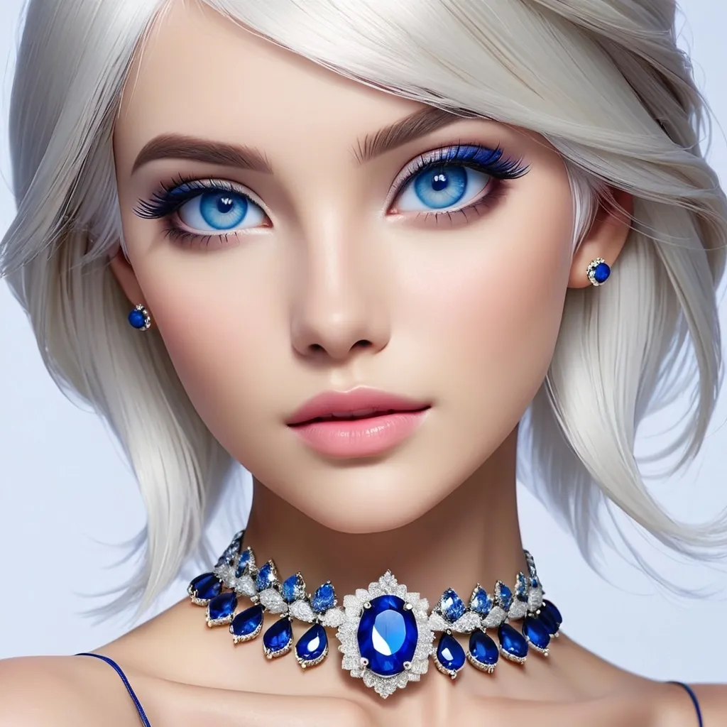 Prompt: <mymodel>A beautiful woman, white hair, blue eyes, blue eyeshadow, blue jewels o