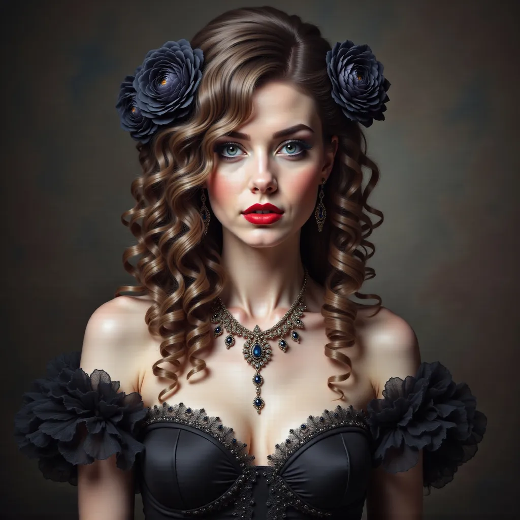 Prompt: a woman with a necklace and earrings on her neck and a red lip and a black dress on her chest, Edwin Georgi, gothic art, highly detailed digital painting, a photorealistic painting