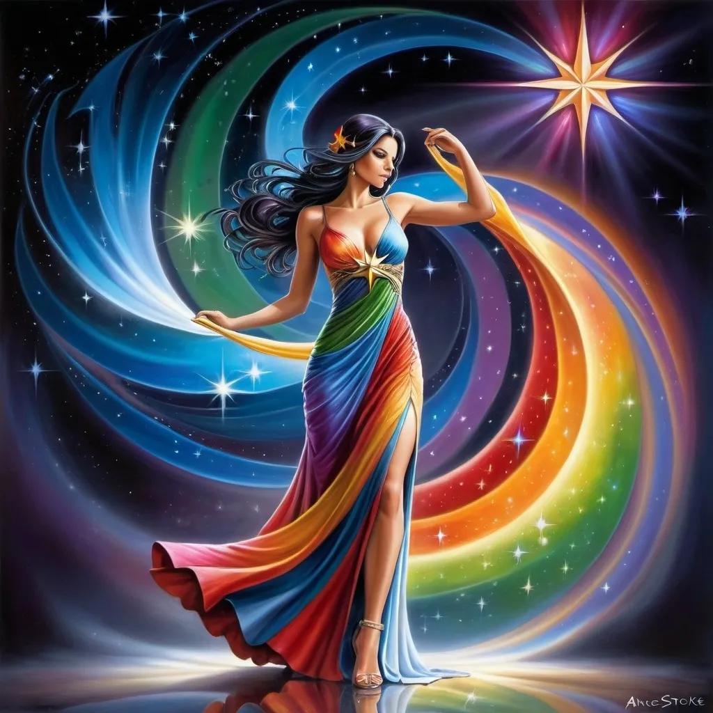 Prompt: a woman in a long dress with a star in her hand and a colorful dress on her body, with a swirling background, Anne Stokes, fantasy art, fantasy artwork, an airbrush painting