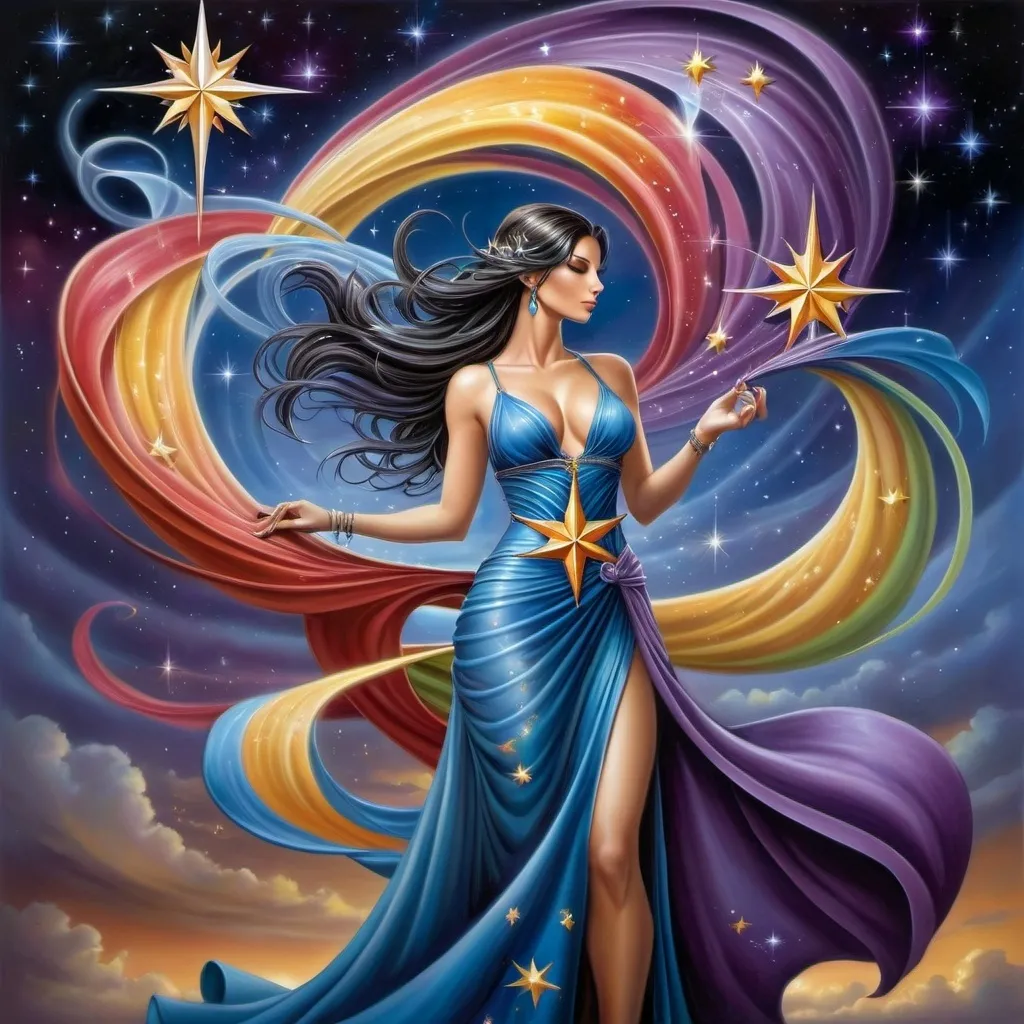 Prompt: a woman in a long dress with a star in her hand and a colorful dress on her body, with a swirling background, Anne Stokes, fantasy art, fantasy artwork, an airbrush painting