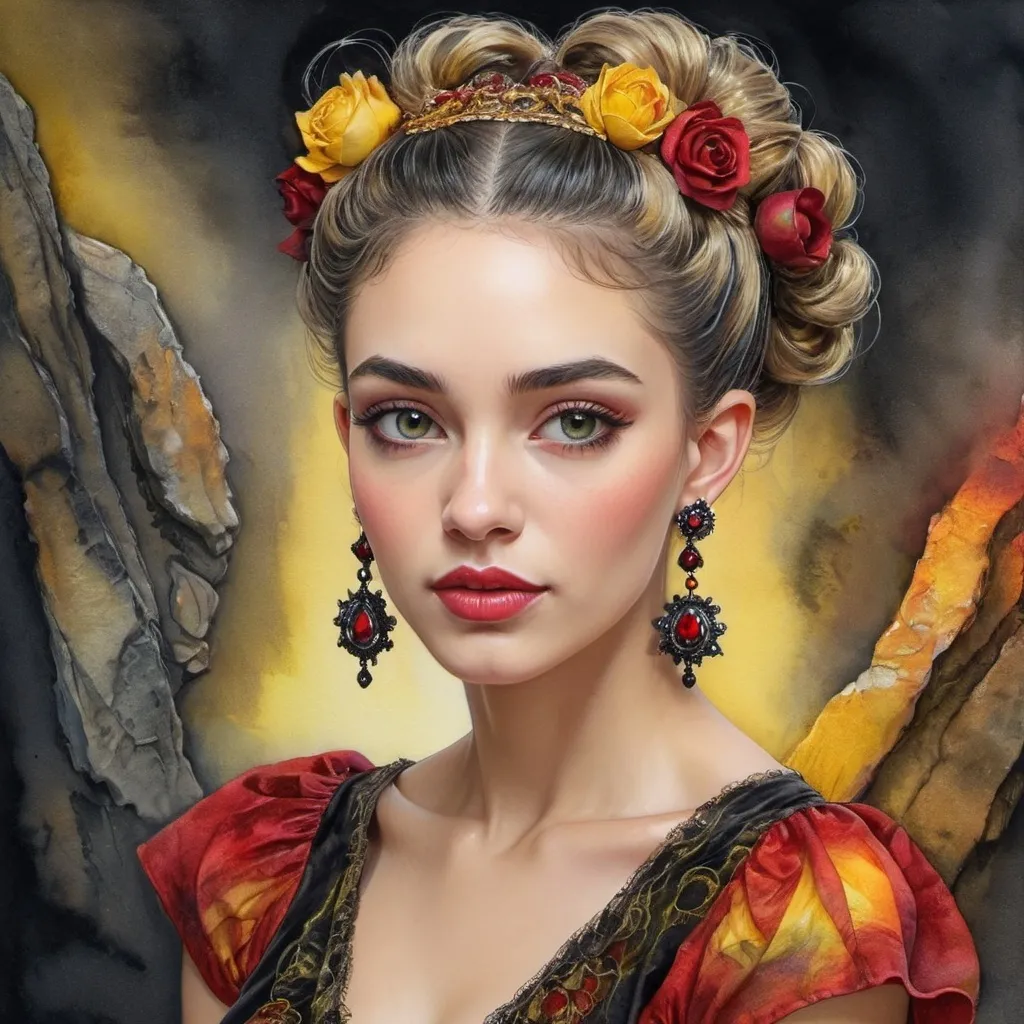 Prompt: <mymodel> beautiful woman, hair pinned up, yellow red black dress, earrings, Watercolor, trending on artstation, sharp focus, studio photo, intricate details, highly detailed, by  Josephine Wall and Jasmine Becket-Griffith