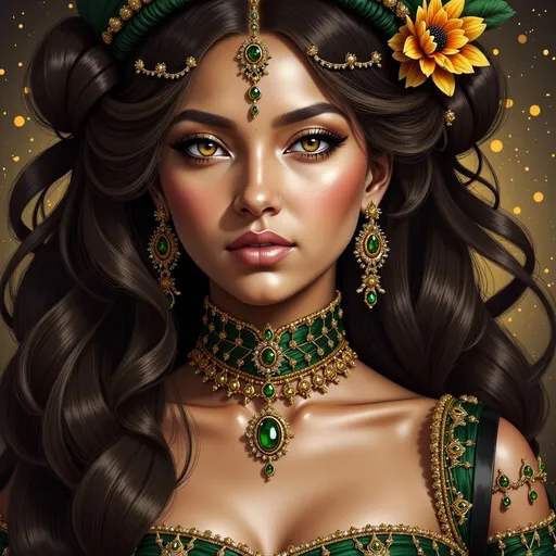 Prompt: a woman wearing a green hat and green jewelry with a flower on her head and a green dress and necklace, Artgerm, fantasy art, highly detailed digital painting, a detailed painting