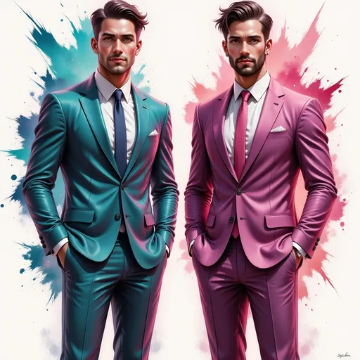 Prompt: This is a digital illustration featuring two identical male figures standing side by side, each occupying half of the vertical composition. The artwork employs a vibrant, abstract style with a strong use of bold, contrasting colors. The left figure is bathed in shades of teal, pink, and purple, while the right figure is highlighted with shades of blue, pink, and red. Both men are depicted wearing formal attire, including tailored suits with matching shirts and ties. The suits are rendered with a loose, painterly texture, blending colors and lines to create a dynamic, almost splattered effect. Their hands are casually placed in their pants pockets, and their facial expressions are neutral, with slight, subtle smiles. The background is a mix of the same bold colors, with abstract splashes and streaks that enhance the sense of movement and energy. The overall composition is balanced, with the vertical split of colors creating a symmetrical yet vibrant visual contrast. The style of the illustration is modern and abstract, with a strong emphasis on color and texture, making it visually striking and dynamic.