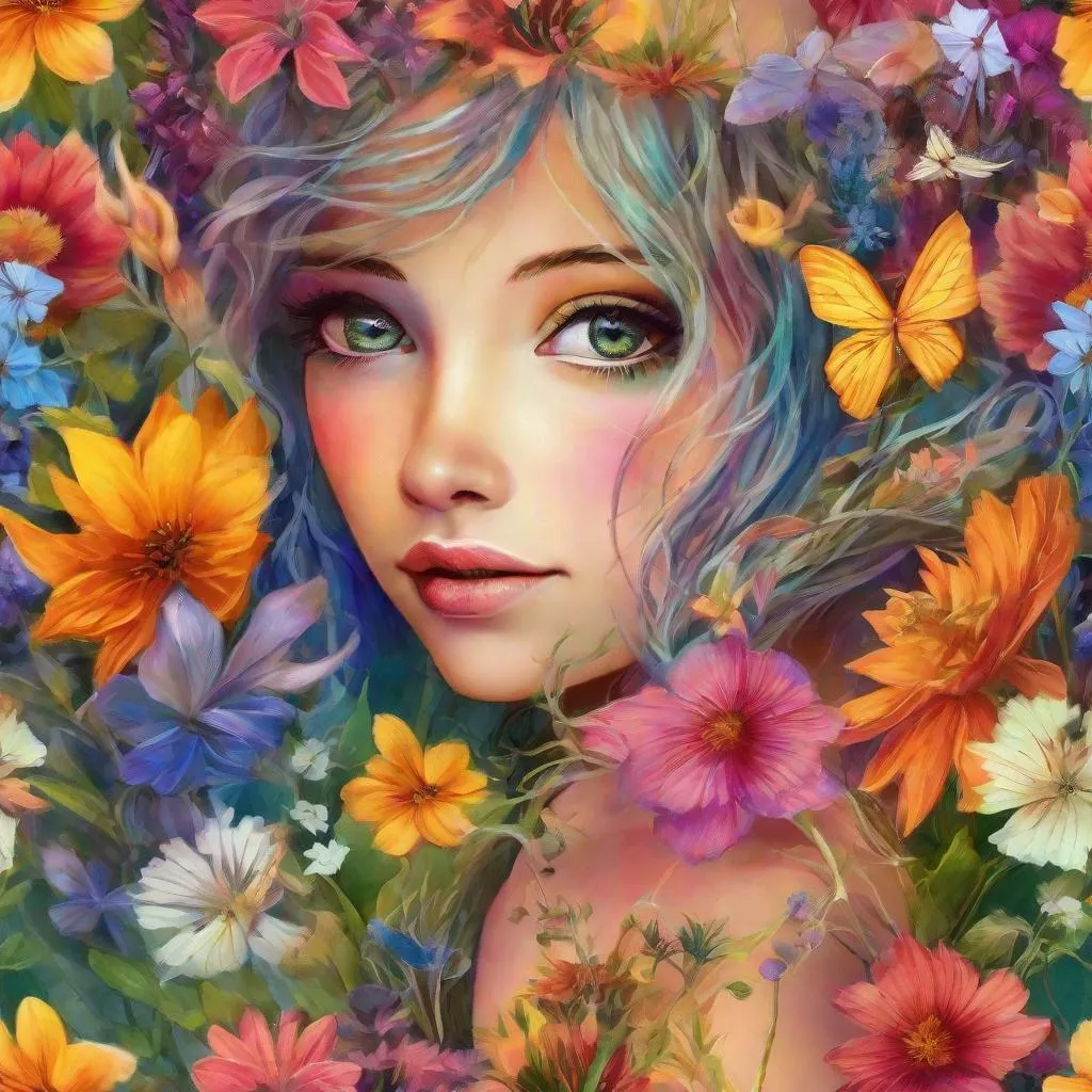 Prompt: a fairy , ,wildflowers, vivid colors,  facial closeup