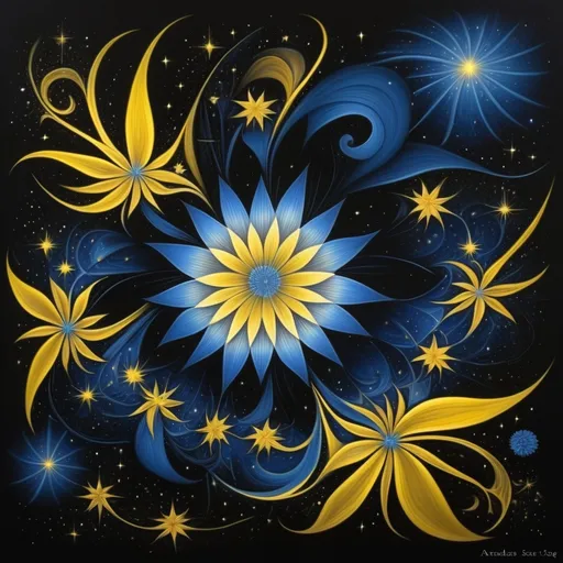 Prompt: a yellow with many stars in the background and a black background with a blue and yellow flower in the center, Amanda Sage, space art, fractals, an airbrush painting