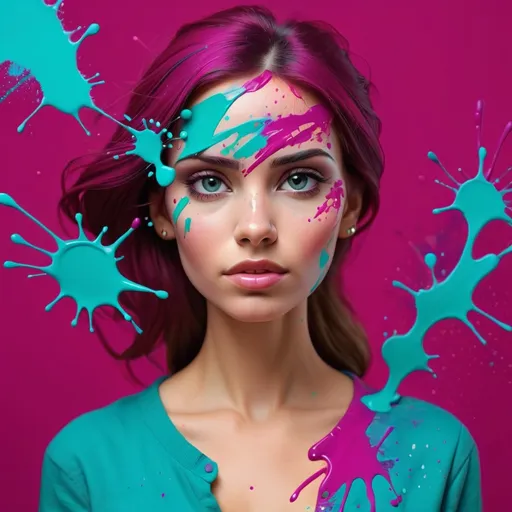 Prompt: woman, magenta and turquoise paint splatter