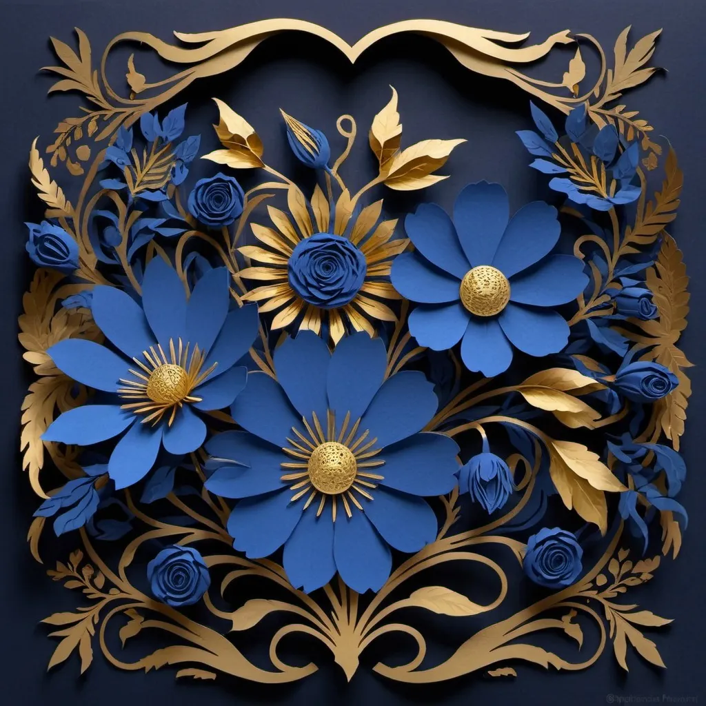 Prompt: blue flowers with gold