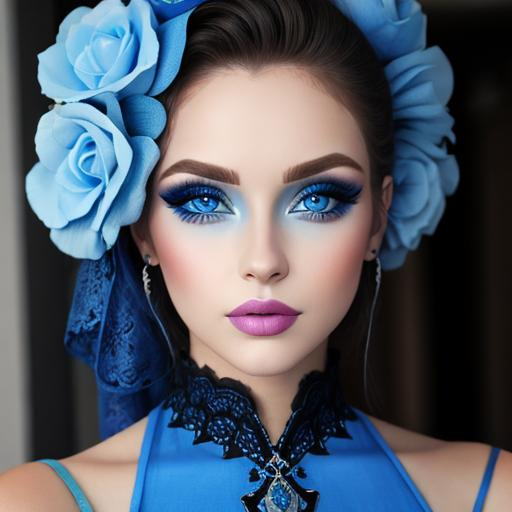 Prompt: A woman all in blue, blue eyes, pretty makeup