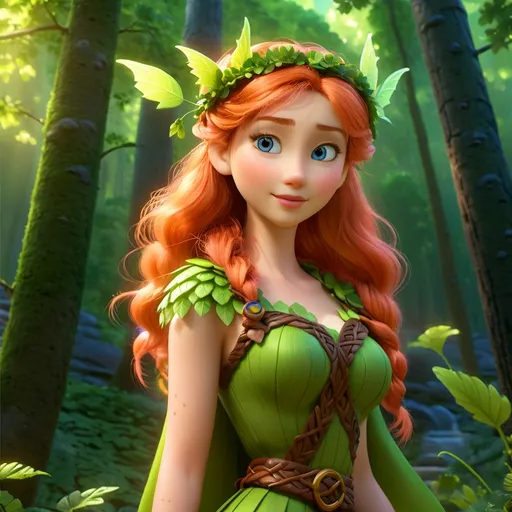 Prompt: Hyper-realisctic, (Full body character portrait), Female Fairy Druid, enchanting forest background, dramatic lighting casting playful shadows, intricate leafy attire, (beautiful, elegant pose), captivating expression with a hint of mischief, vibrant colors enhancing attractiveness, ultra-detailed eyes, ultra-detailed, whimsical atmosphere, 4K quality, fantasy art style.