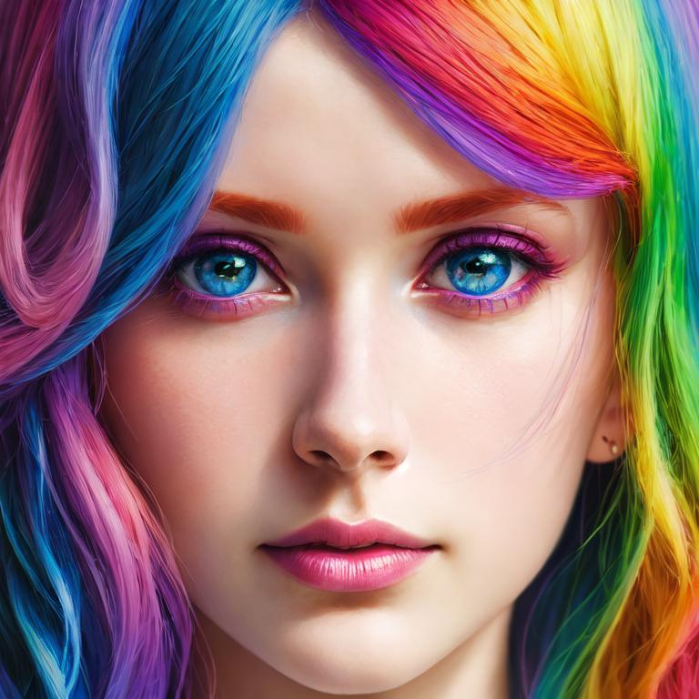 Prompt: HDR, UHD, 64k, best quality, pale skin, unrealistically, rainbow colored hair,  UHD, hd , 64k, , hyper realism, Very detailed, full body, hyper realism, Very detailed, female anime, slender body, in hyperrealistic detail, rainbow hair, facial closeup