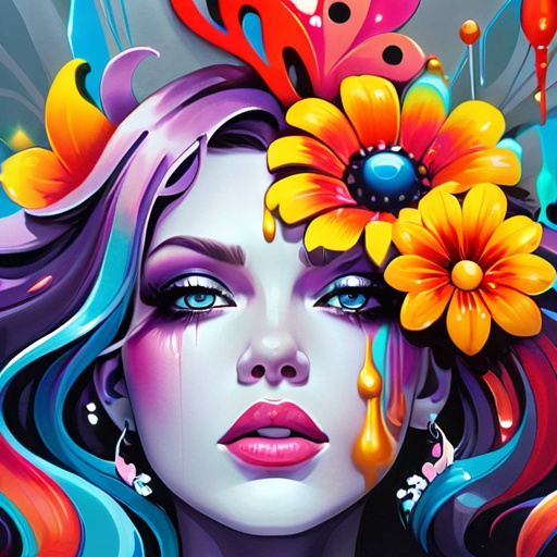 Prompt: Flower Siren graffiti art, splash art, street art, spray paint, oil gouache melting, acrylic, high contrast, colorful polychromatic, ultra detailed, ultra quality, CGSociety