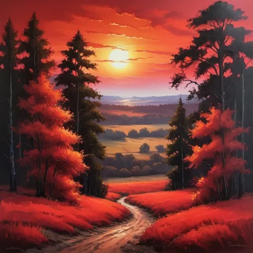 Prompt: Red sunset landscape, oil painting, vibrant colors, fine details, high-quality, realistic, warm tones, dramatic lighting, expansive horizon, silhouettes of trees, serene atmosphere