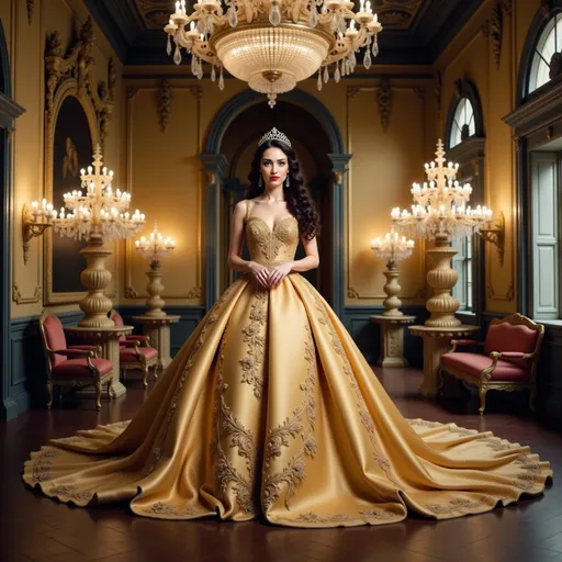 Prompt: A stunning young woman stands regally in an opulent ballroom, adorned in a magnificent golden gown that cascades elegantly to the floor, accentuated by intricate beadwork and a dramatic train. Her graceful posture and gentle smile are complemented by a delicate tiara resting atop her dark, wavy hair, radiating confidence and elegance. The grand setting features lavish chandeliers that cast a warm glow over intricate woodwork and plush furnishings, enhancing the richness of the scene. The ambient lighting creates a romantic atmosphere, inviting the viewer to witness a moment of celebration or sophistication, evoking feelings of luxury and allure. Overall, the image encapsulates a fairytale-like essence where style and grace intertwine beautifully.