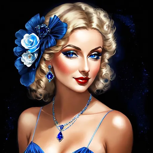 Prompt: Glamorously dressed lady of rhe 1930's wearing sapphire jewelry,blue eyes