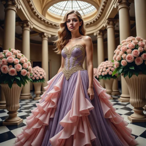 Prompt: Elegance radiates from a young woman standing gracefully in a stunning ballroom setting, adorned in a lavish gown that blends soft lavender and blush tones, detailed with intricate golden embellishments. Her flowing dress cascades with voluminous ruffles, creating a sense of movement as she stands amidst tall columns, exuding sophistication and poise. Surrounding her are beautifully arranged bouquets of pink and cream roses, enhancing the romantic atmosphere, while the large, ornate skylight allows natural light to filter in, adding warmth to the scene. The polished black-and-white checkered floor adds a striking contrast, grounding the ethereal beauty of the moment in a luxurious and timeless environment. The overall mood conveys a sense of enchantment and grandeur, as if she is a princess from a fairy tale poised to capture the hearts of those around her.
