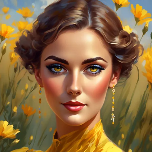 Prompt: <mymodel>High-resolution digital painting of a graceful woman, vibrant yellow flower field, realistic and detailed floral elements, soft and warm sunlight, flowing elegant dress, detailed facial features with a gentle expression, professional digital painting, realistic, detailed flowers, graceful posture, warm and soft lighting, best quality, highres, ultra-detailed, digital painting, realistic, warm tones, elegant