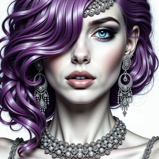 Prompt: a digital painting of a woman with purple hair and jewelry on her neck and face, with a white background, Anne Stokes, gothic art, highly detailed digital painting, a detailed drawing