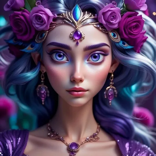 Prompt: <mymodel> peacock fairy goddess, purple roses, facial closeup