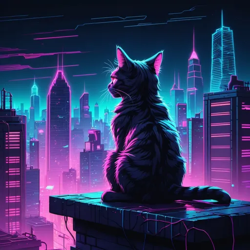 Prompt: a cat sitting on a ledge in front of a city skyline at night with neon lights and glowing eyes, Dan Mumford, retrofuturism, synthwave style, cyberpunk art